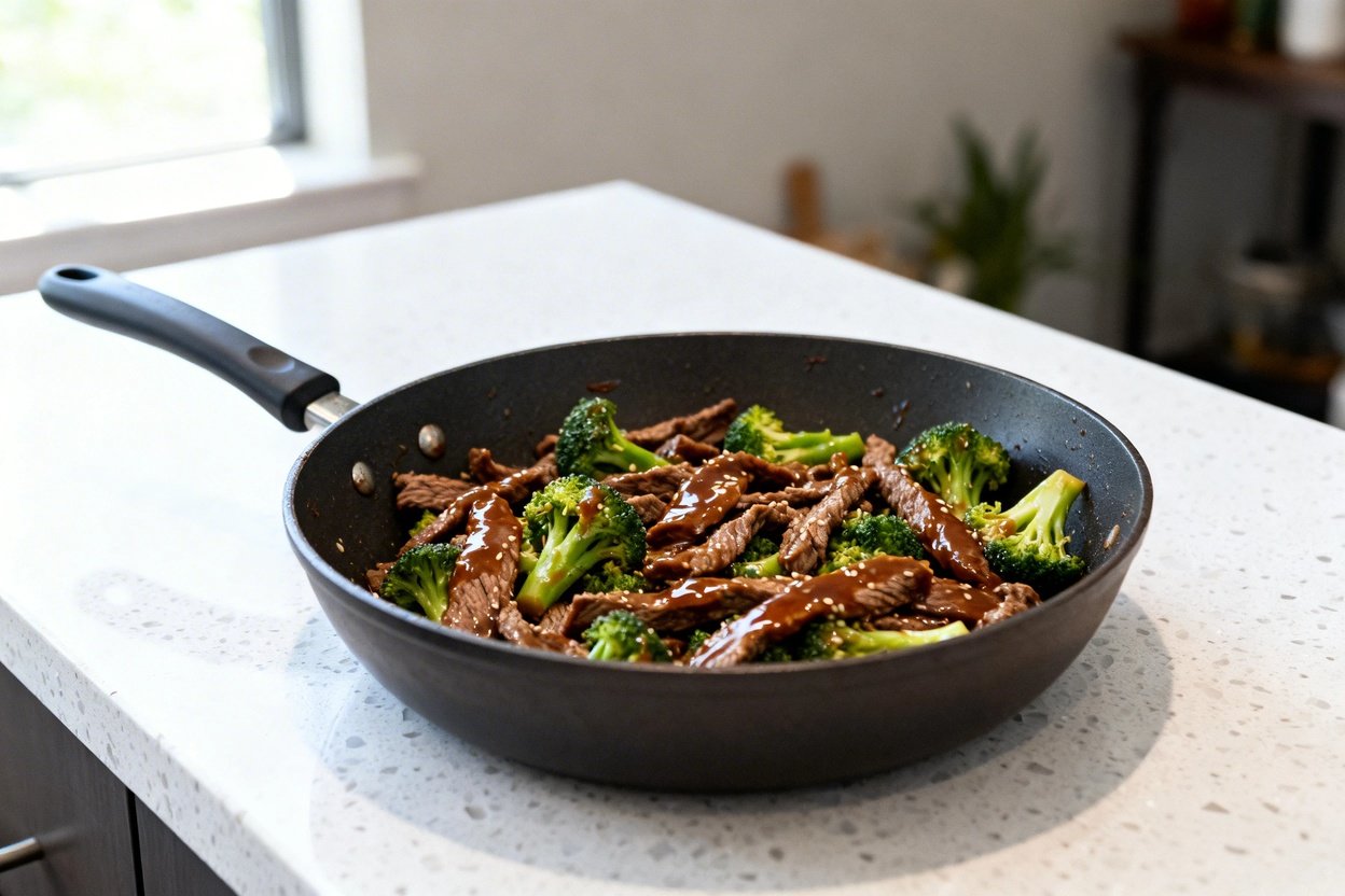 bout 35 degrees) realistic food photo of the exact same finished keto beef and broccoli stir fry (th