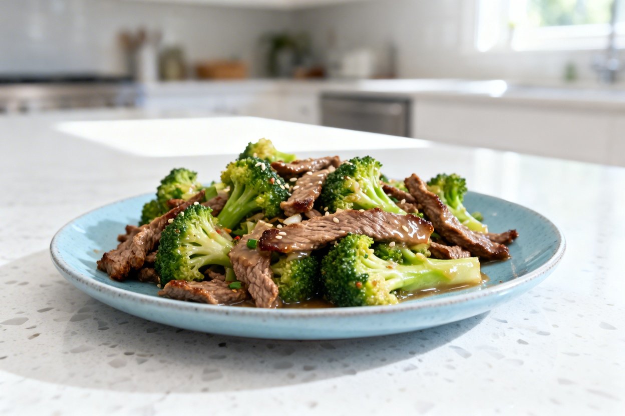  shot (about 40 degrees) of the same finished low carb keto beef and broccoli stir fry plated on the