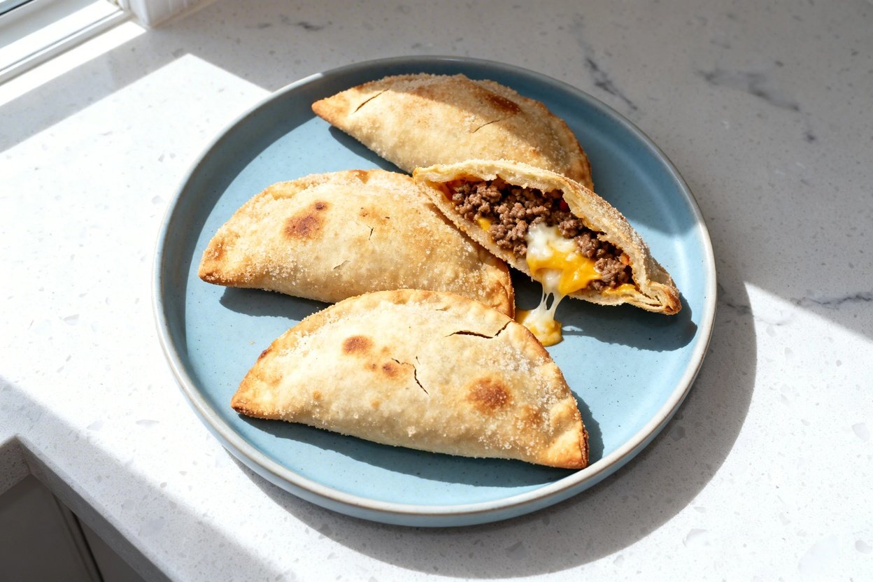 top-down food photo of keto air fryer beef empanadas: 3–4 half-moon empanadas made with a crisp almo