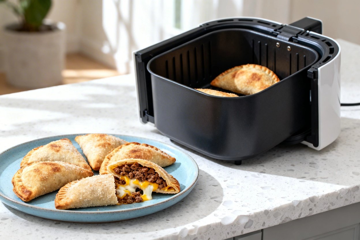 bout 35 degrees) realistic food photograph of the same keto air fryer beef empanadas with almond flo