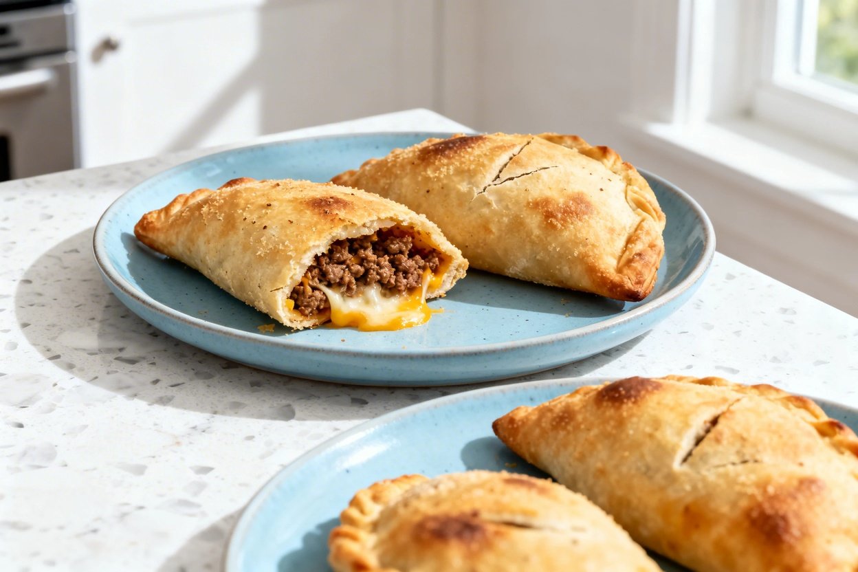  shot (about 40–45 degrees) of the same finished keto air fryer beef empanadas on the same light blu