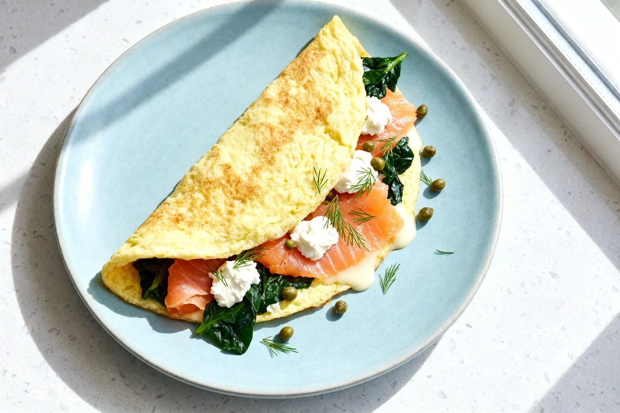 top-down food photograph of a single serving savory keto smoked salmon omelet on an identical light