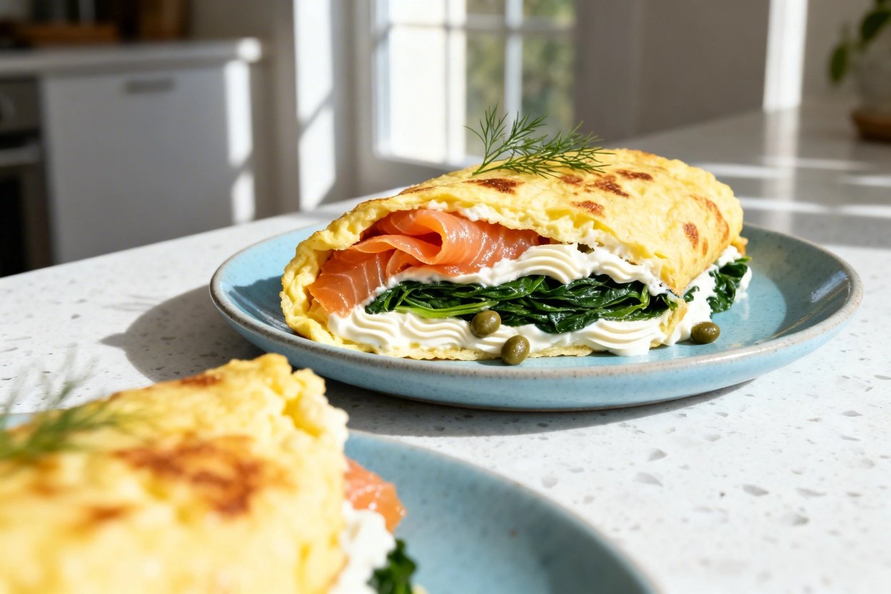  food photo (about 30–45 degrees) of the same finished savory keto smoked salmon omelet on the ident