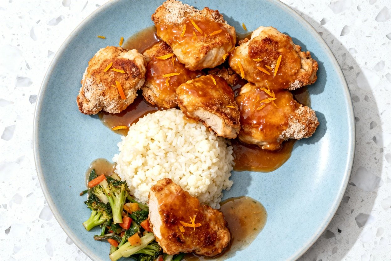 top-down food photo of a single serving of keto orange chicken: bite-size pieces of juicy chicken t