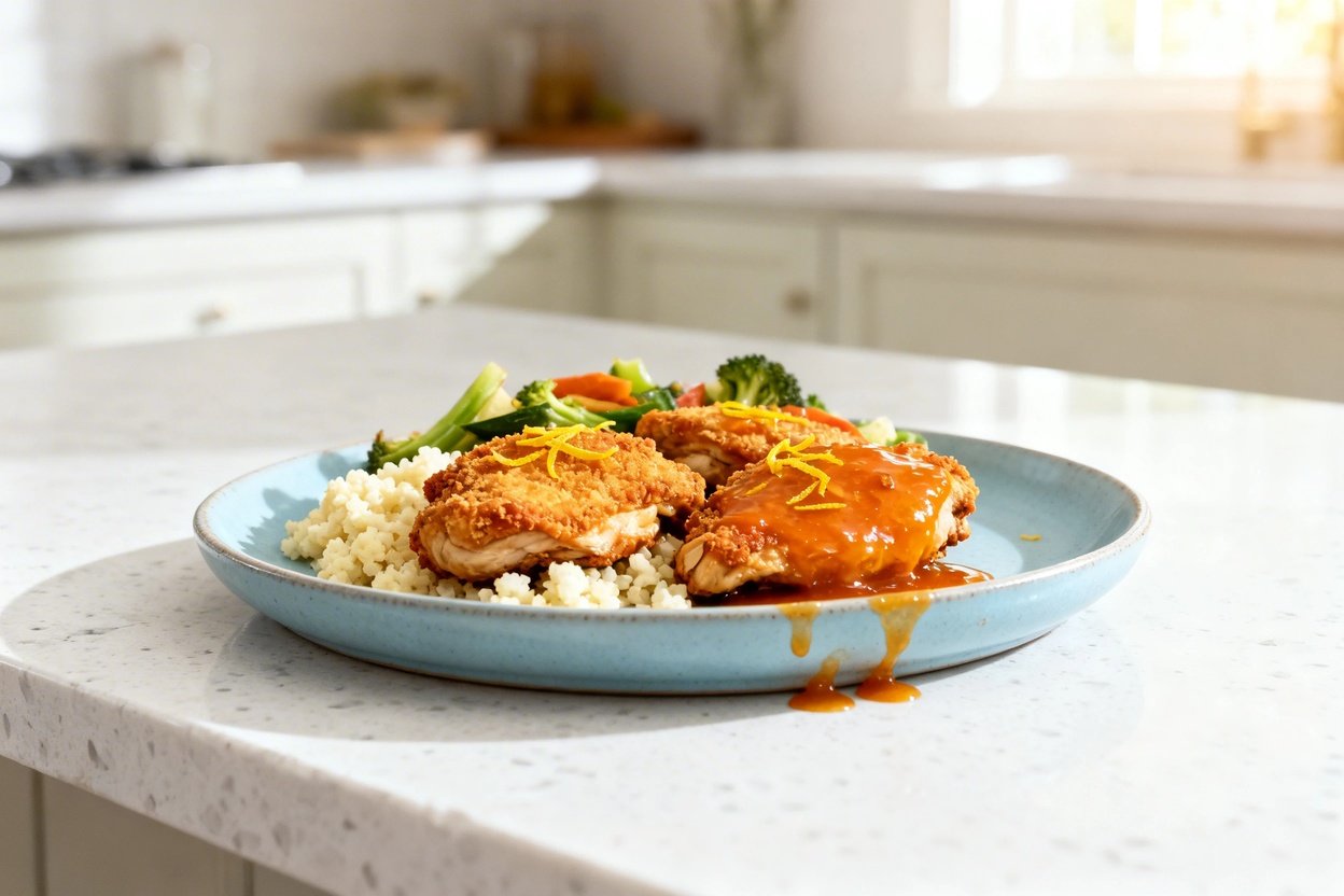 bout 35°) contextual food photo of the exact same finished keto orange chicken meal, same portion si