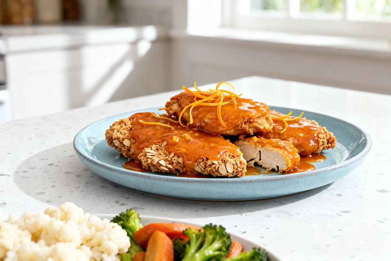 shot (about 40°) of the same plated keto orange chicken dish on the same light blue ceramic plate: