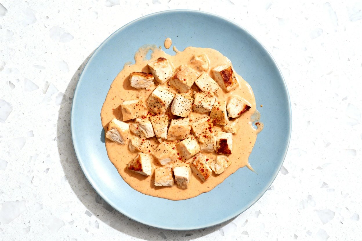 top-down food photo of the same finished keto Pollo Con Queso: a single serving of tender chicken br