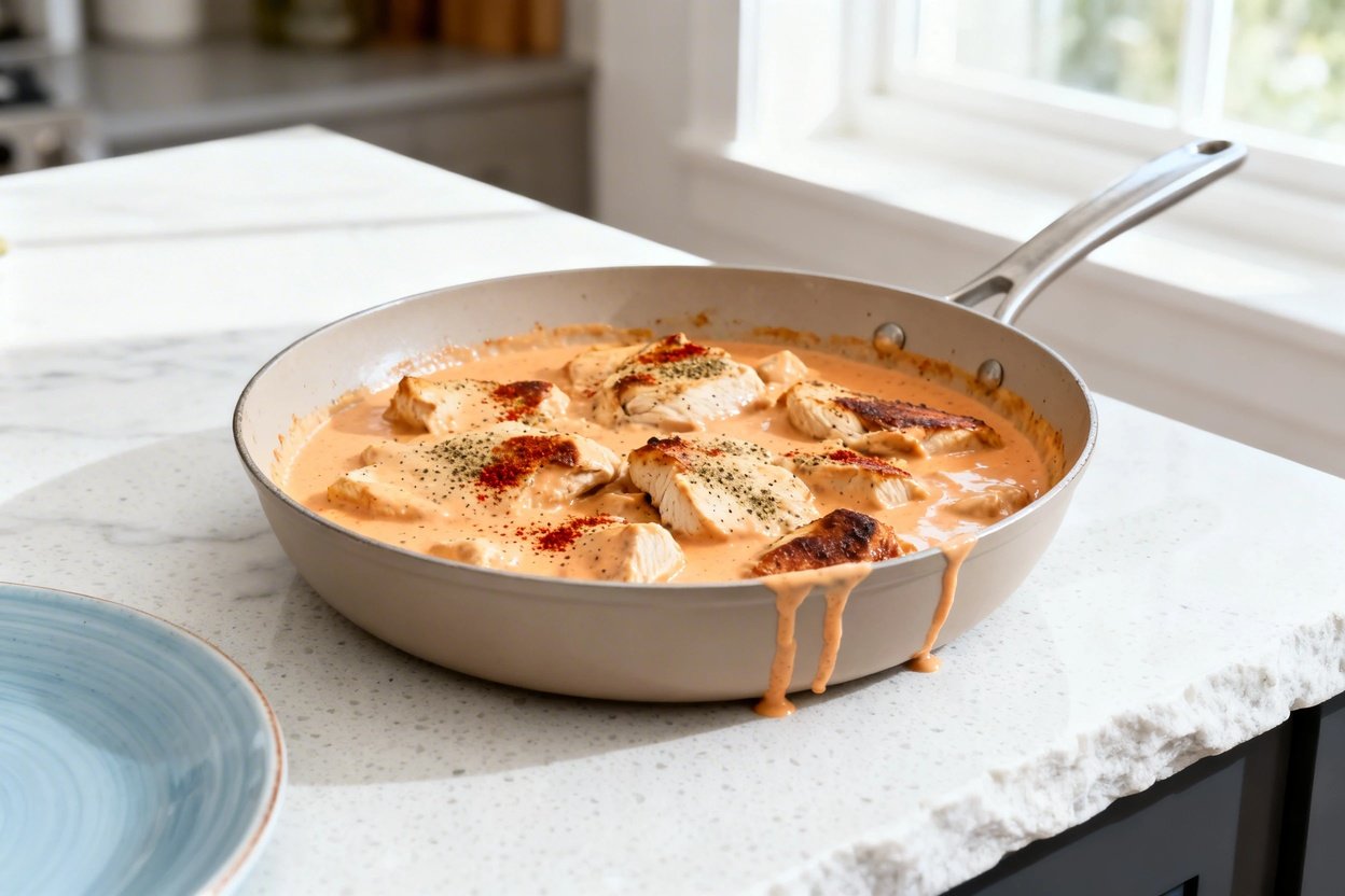 bout 35°) realistic food photograph of the exact same finished keto Pollo Con Queso from the same co