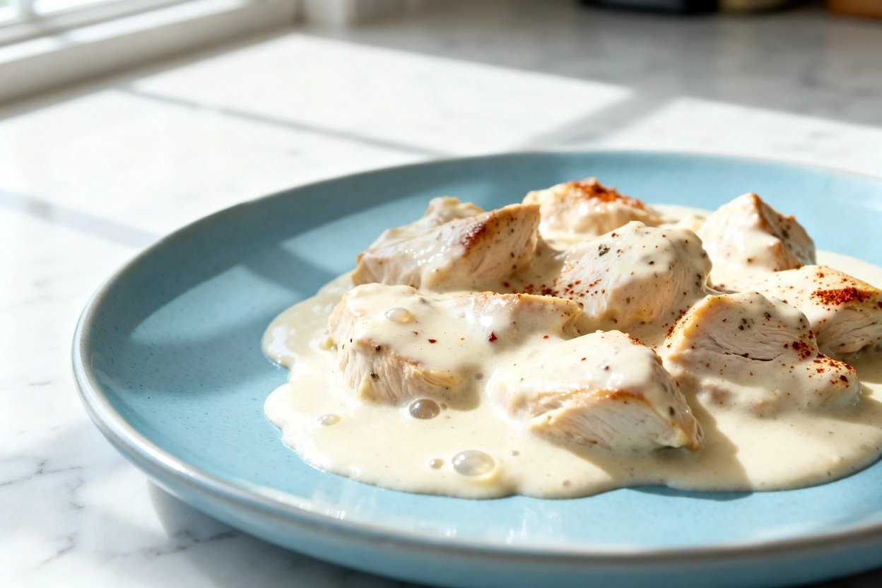  shot (about 40–45°) of the same plated keto Pollo Con Queso on the identical light blue ceramic pla