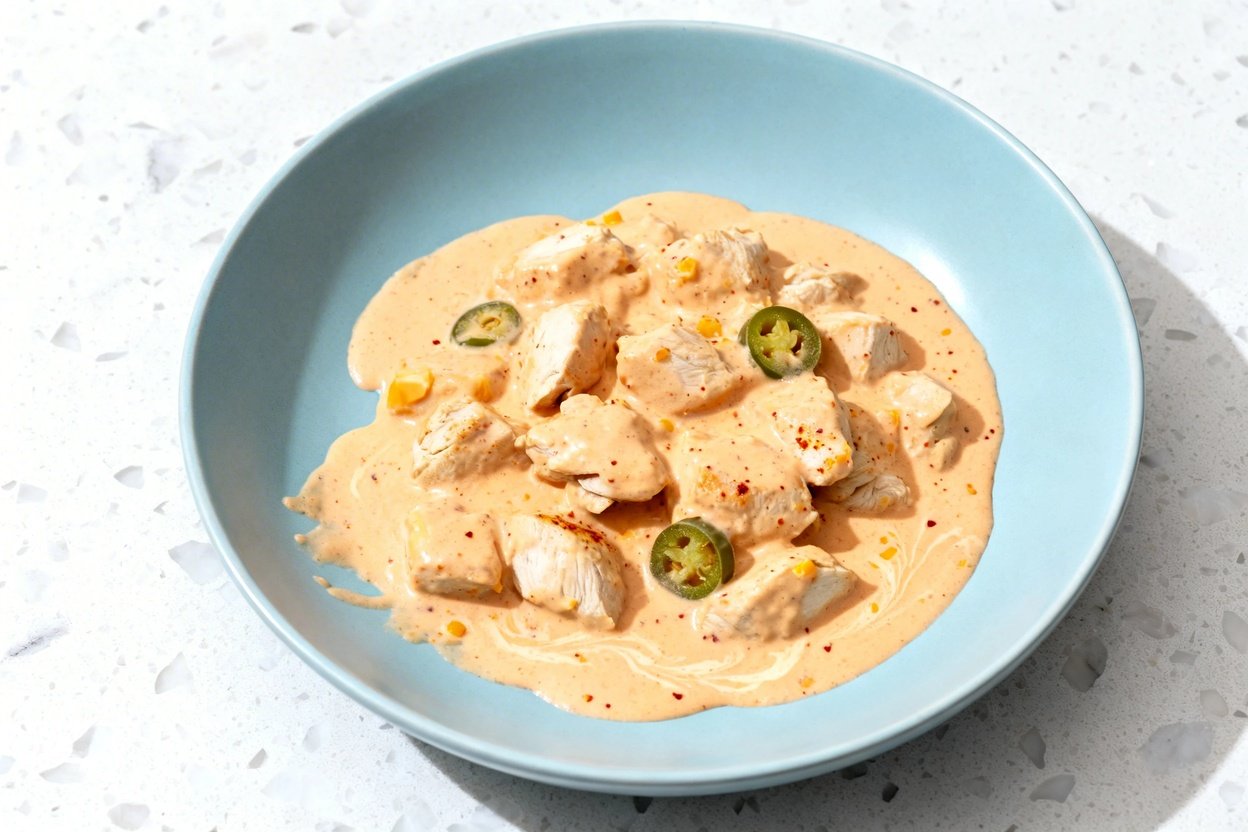 top-down food photo of the finished Keto Pollo Con Queso: bite-size tender chicken pieces coated in