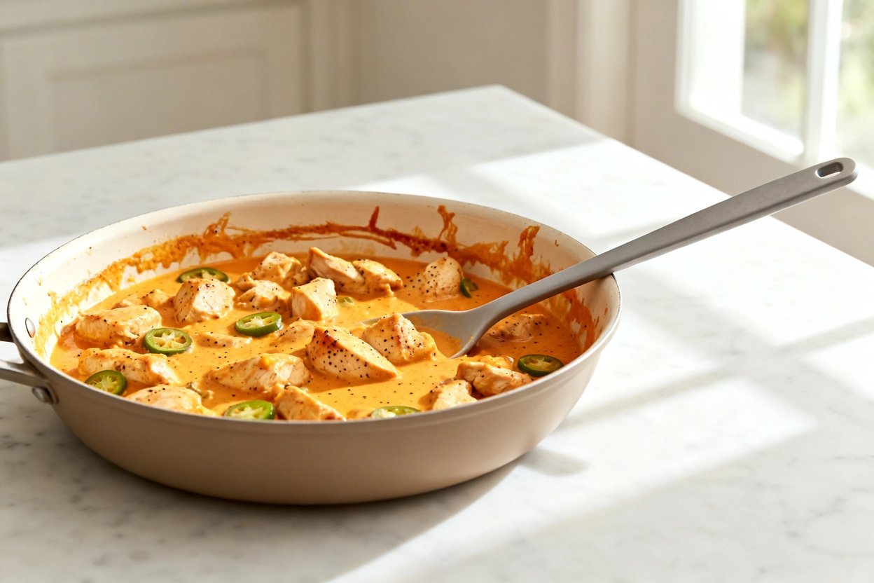 bout 30–40 degrees) realistic home-kitchen photo of the same finished Keto Pollo Con Queso from the