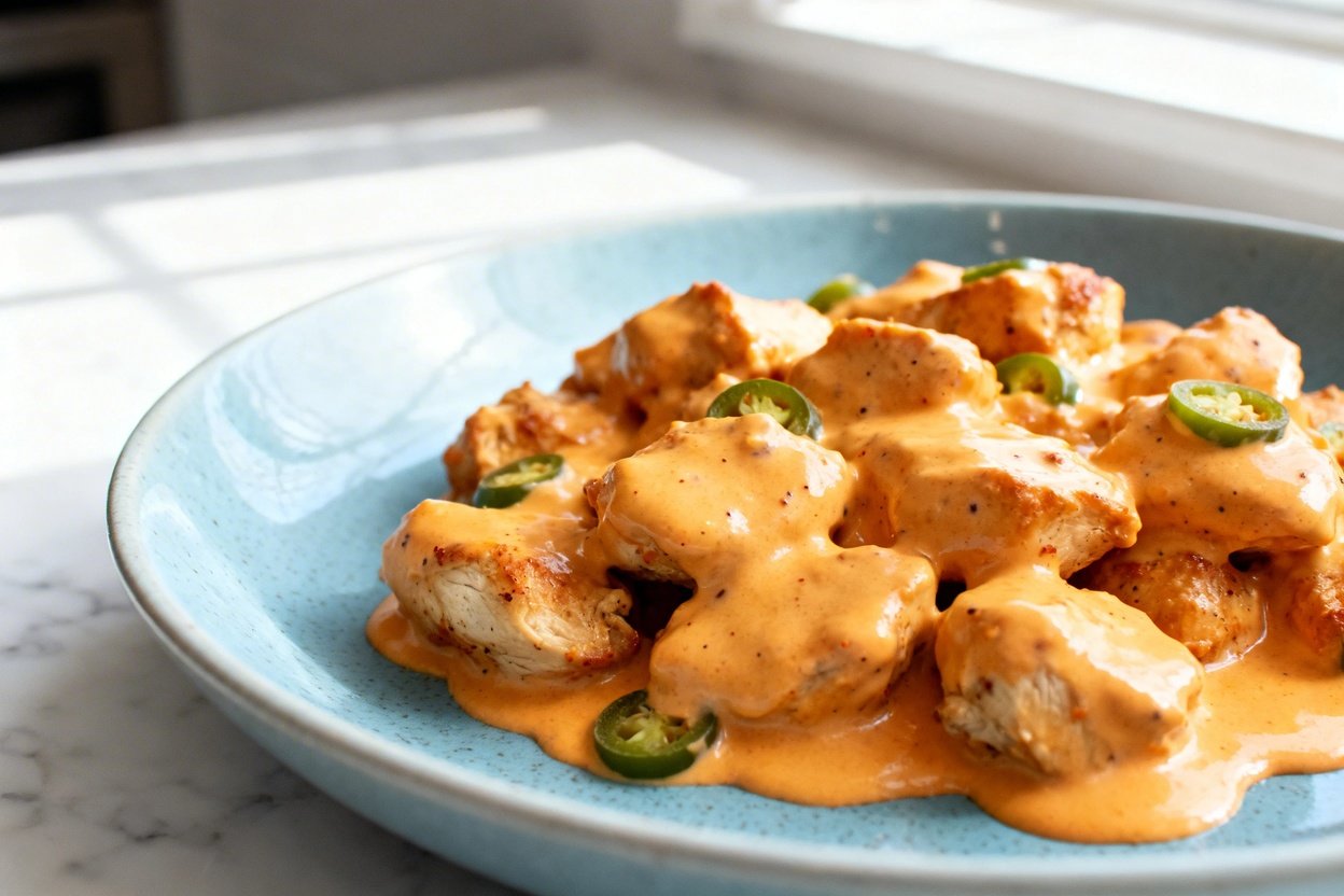  shot (about 30–45 degrees) of the same plated finished Keto Pollo Con Queso on the identical light