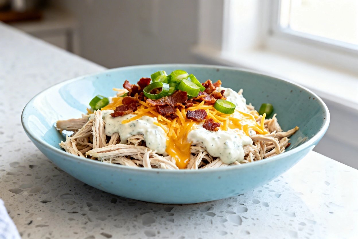  shot (about 30–45 degrees) of the same plated serving of slow cooker keto crack chicken on the same