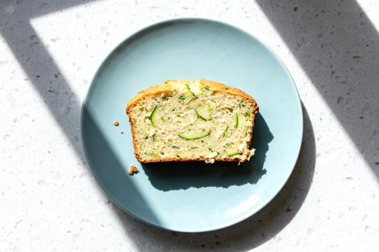 top-down food photo of the finished Low Carb Cottage Cheese Zucchini Bread: a single thick slice of