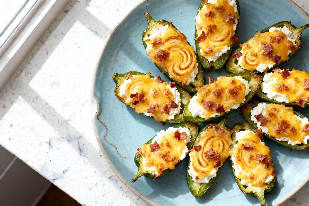 top-down food photo of a single serving of cheesy jalapeño keto poppers: halved jalapeños (same size