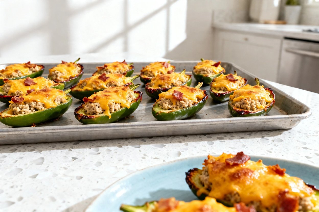 bout 35°) photo of the exact same finished cheesy jalapeño keto poppers (same halved jalapeños, same
