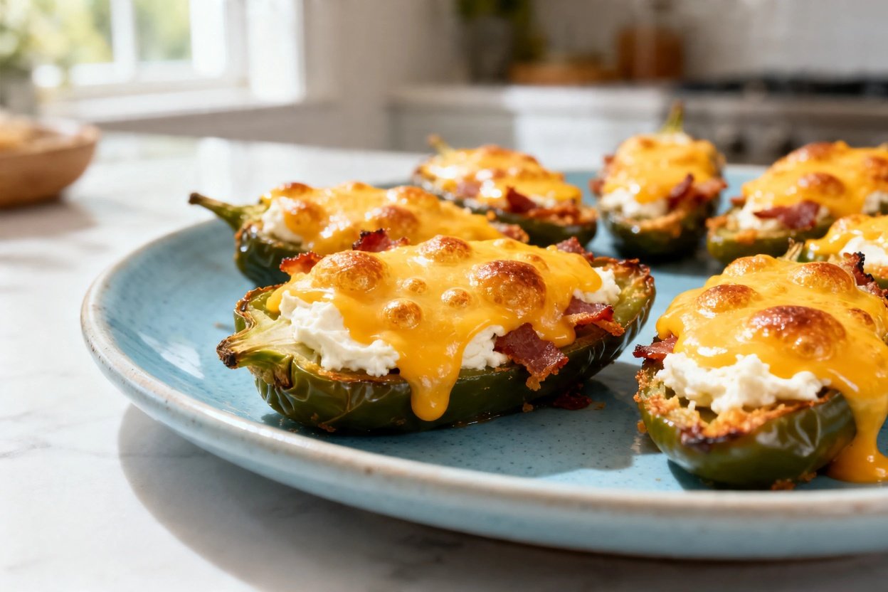  shot (about 40–45°) of the same plated serving of cheesy jalapeño keto poppers on the identical lig