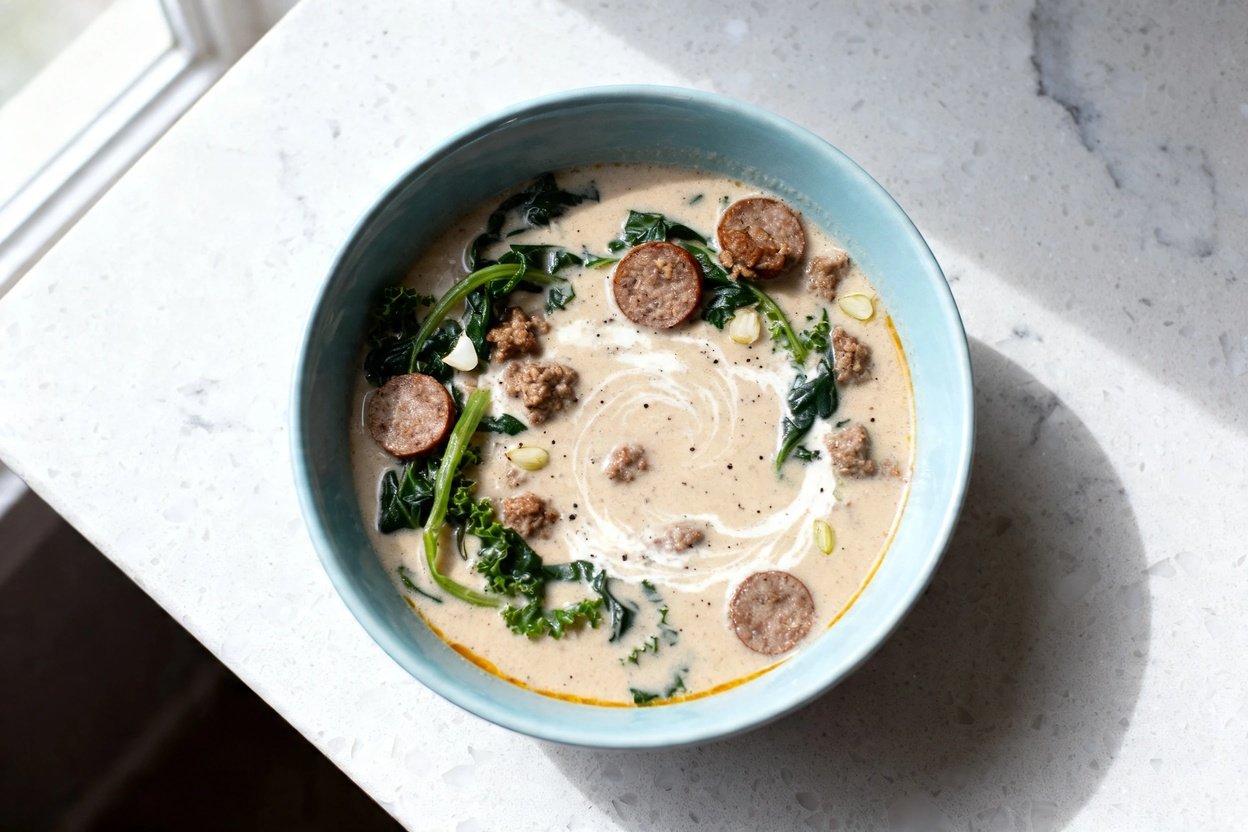 top-down food photo of a single serving bowl of Keto Italian Sausage Soup: creamy pale-tan broth wi