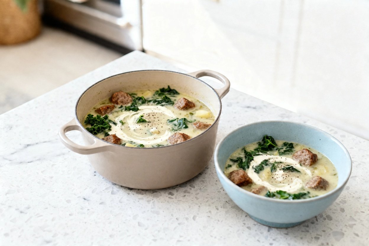 bout 35 degrees) realistic home-kitchen photo of the exact same Keto Italian Sausage Soup and same p