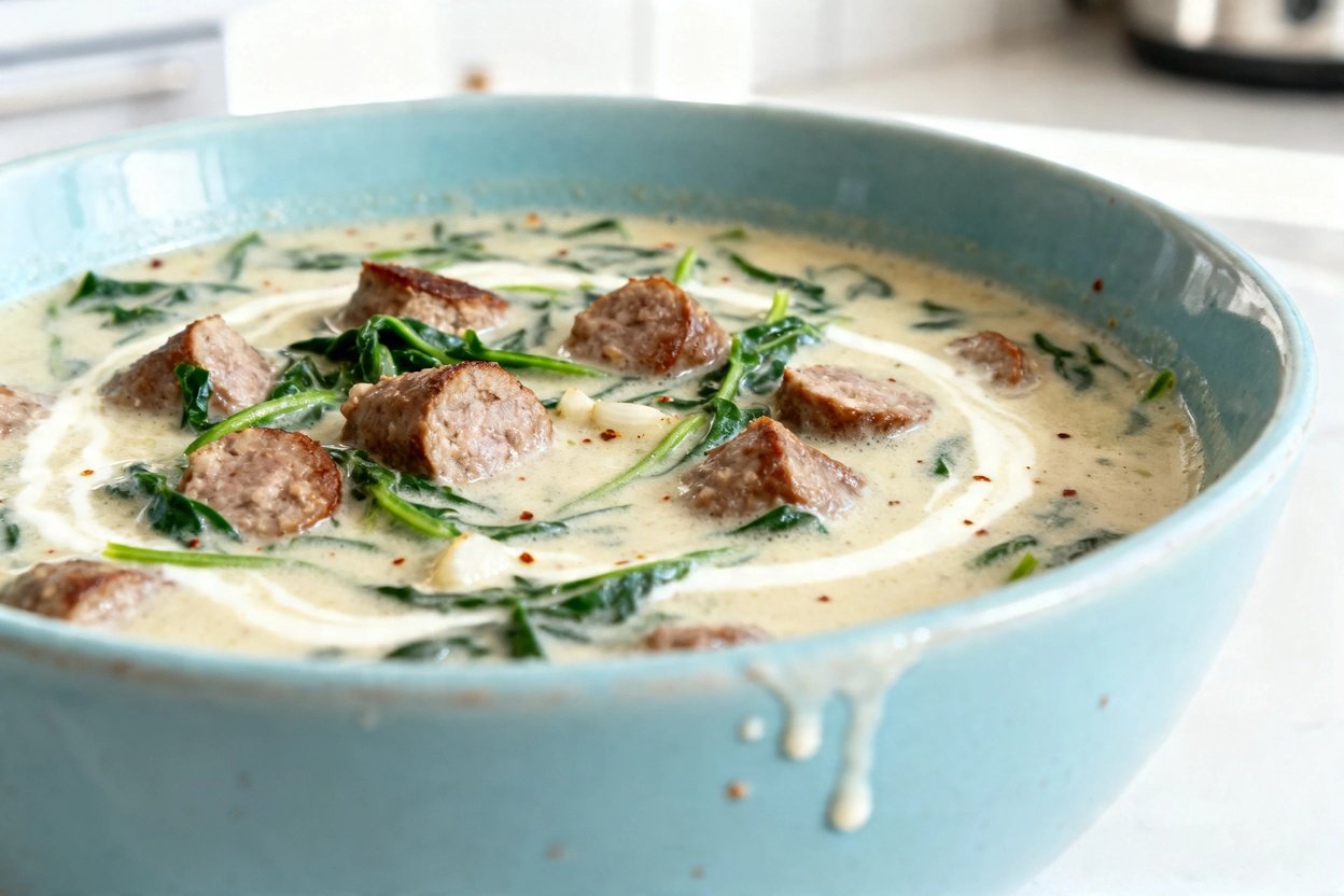 shot (about 40–45 degrees) of the same finished Keto Italian Sausage Soup plated in the same light