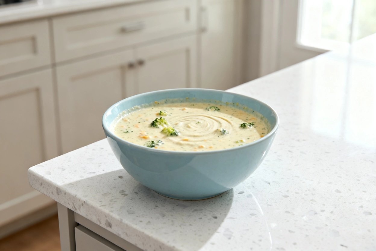 –40 degree perspective photo of the exact same keto creamy broccoli cheddar soup, same portion size
