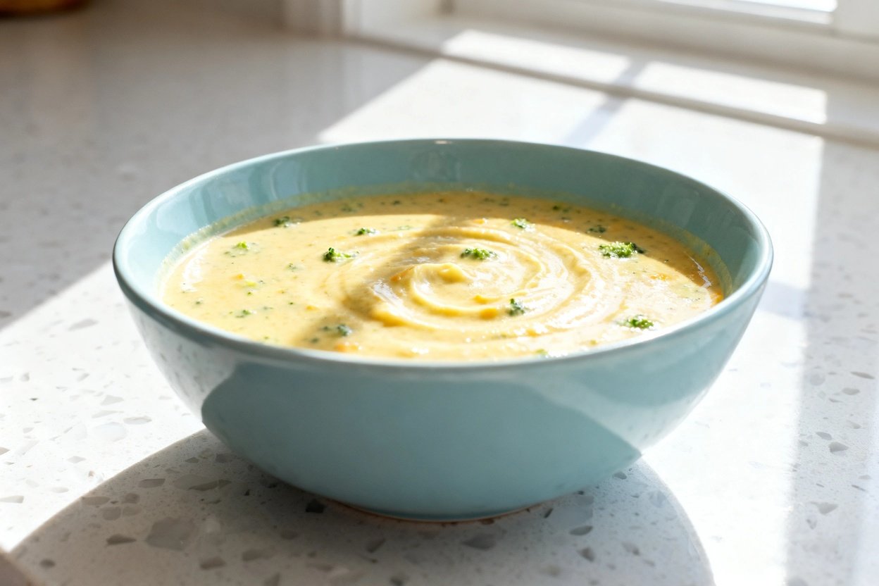  shot at about 30–45 degrees of the same finished keto creamy broccoli cheddar soup in the same ligh