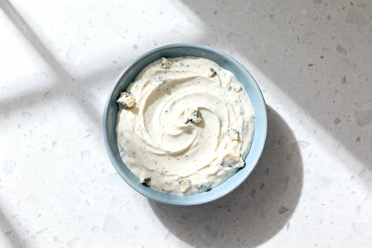 top-down food photo of a single serving of creamy keto blue cheese dressing: a thick, off-white dres