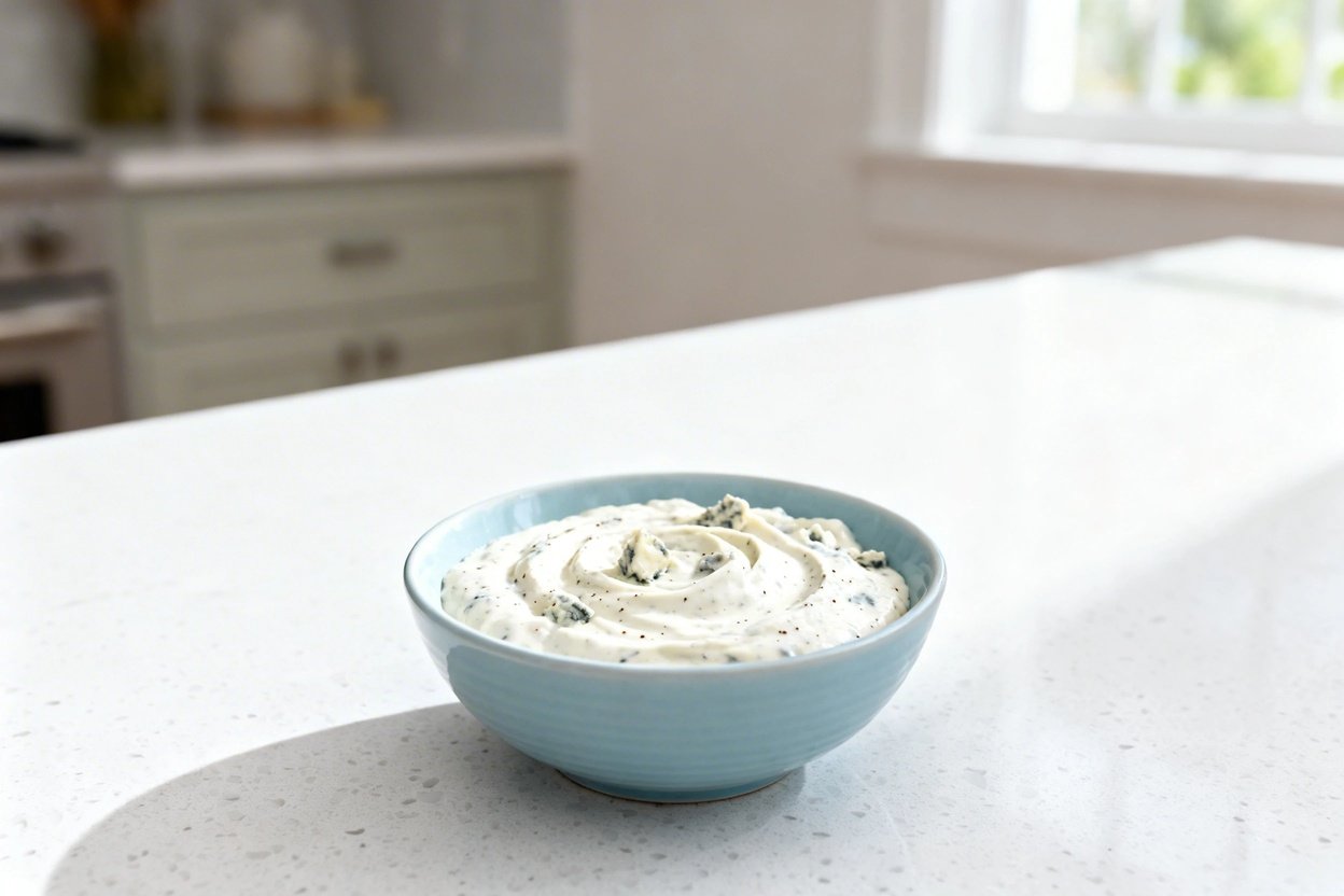 –40 degree view of the exact same finished creamy keto blue cheese dressing (thick, tangy, off-white