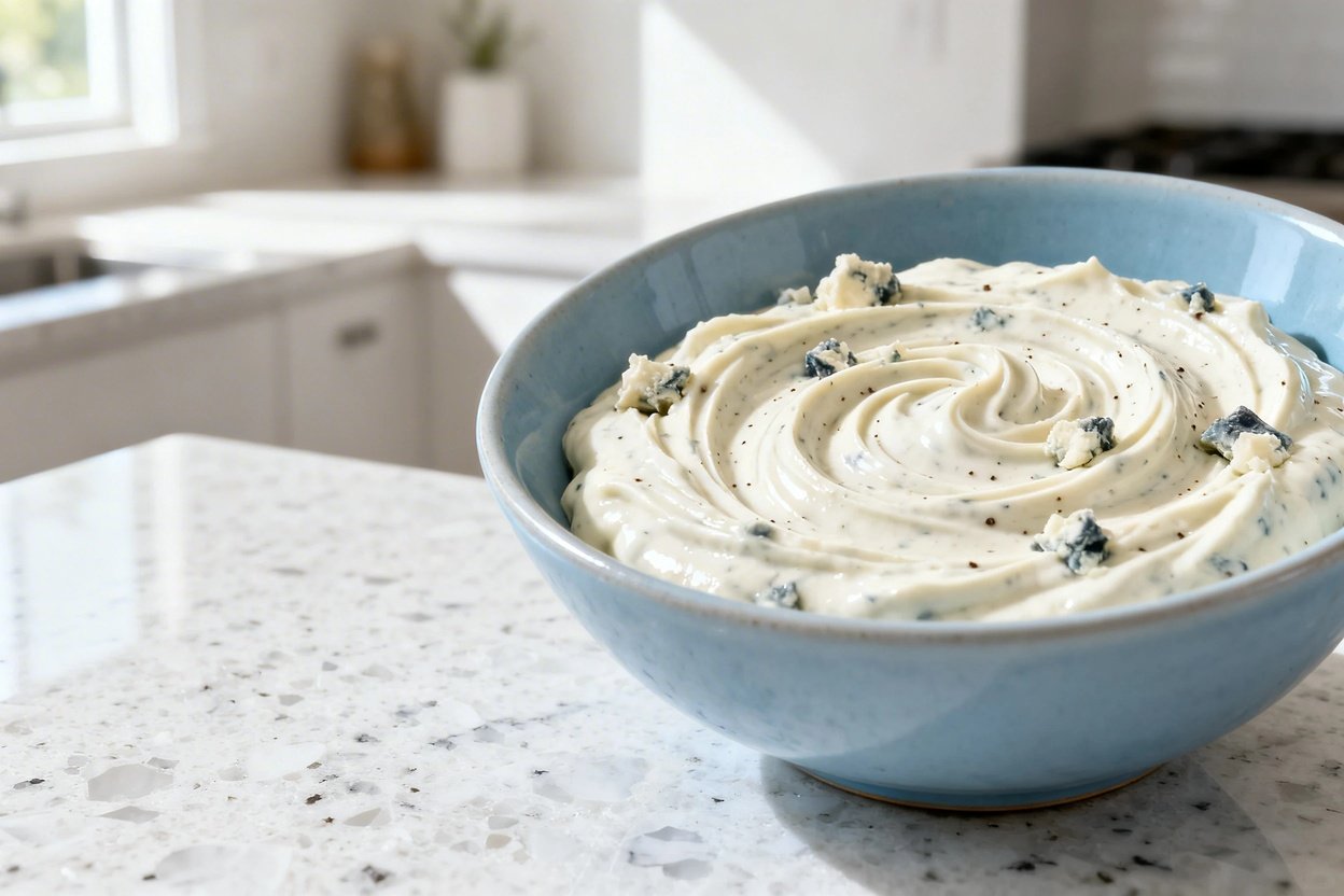  shot at ~30–45 degrees focusing on the texture of the same creamy keto blue cheese dressing in the 