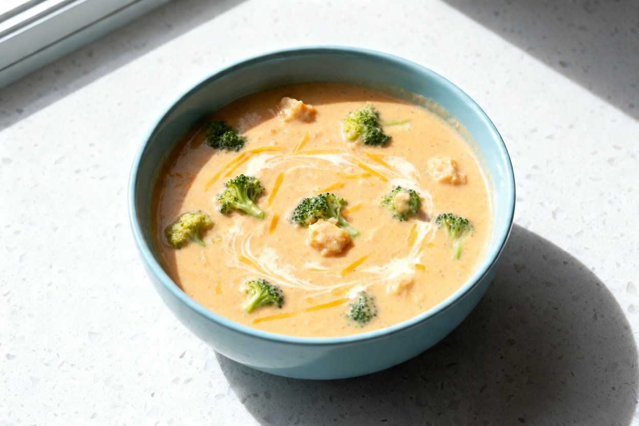 top-down food photograph of a single serving of creamy keto broccoli cheddar soup in a light blue c