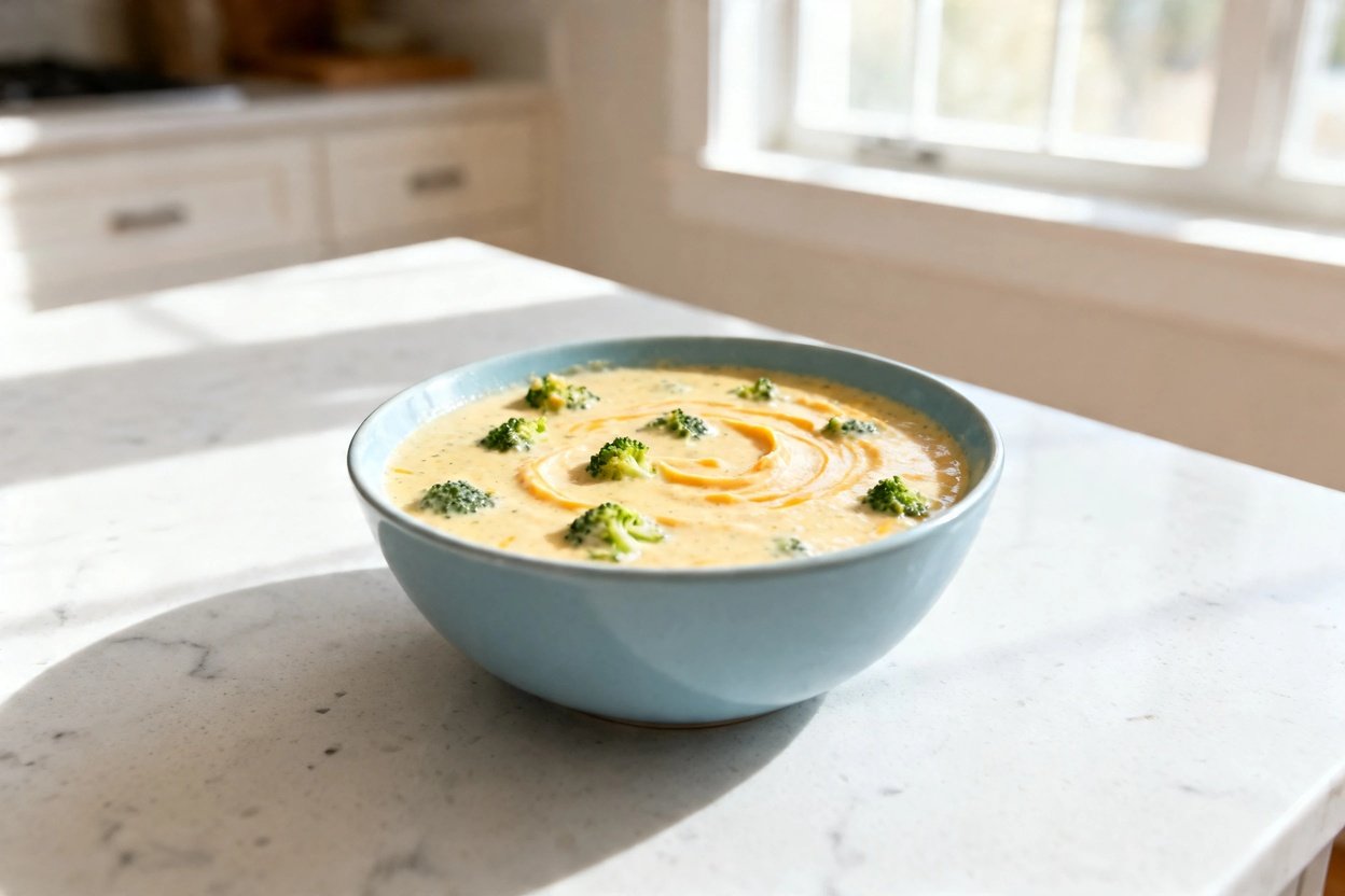 –40 degree perspective photo of the same creamy keto broccoli cheddar soup, same portion size and sa