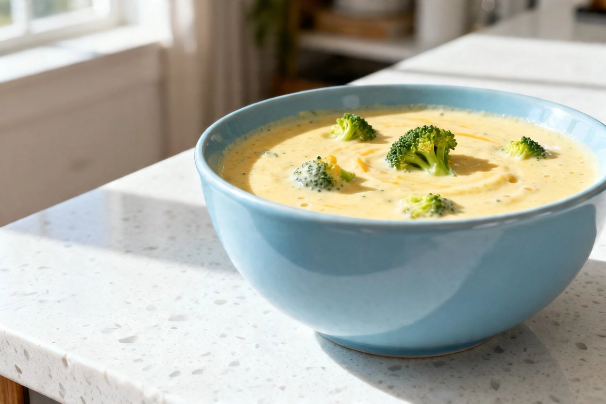 food shot at approximately 30–45 degrees of the same finished creamy keto broccoli cheddar soup in
