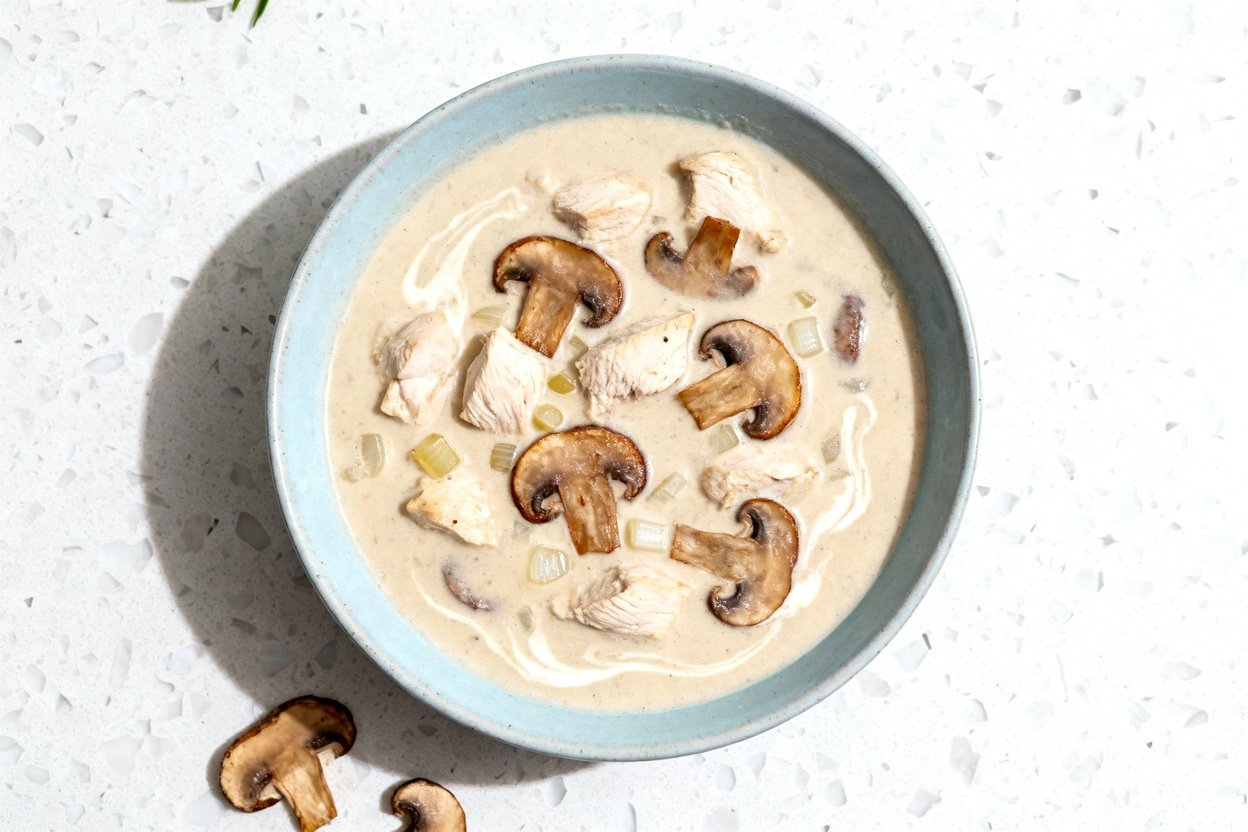 top-down food photo of a single serving bowl of creamy keto chicken mushroom soup, centered and fill