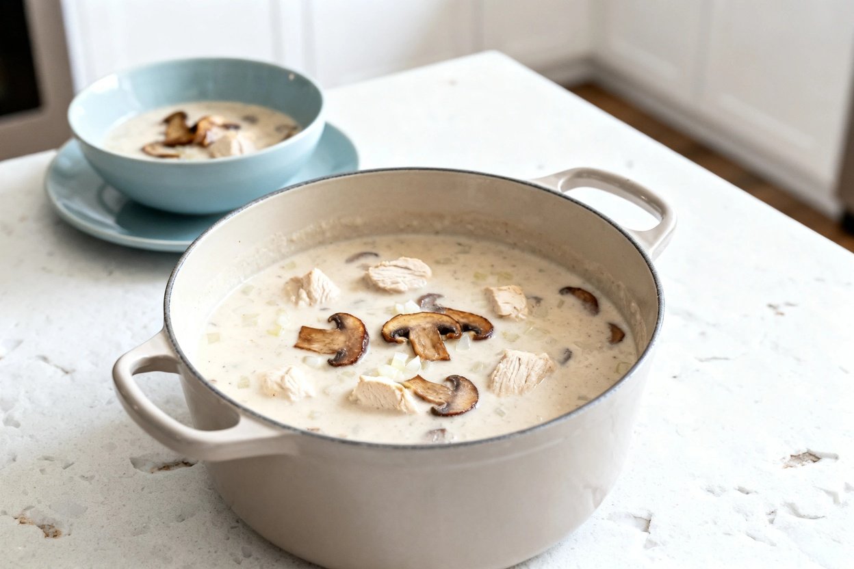 bout 35 degrees) realistic food photograph of the exact same creamy keto chicken mushroom soup and s