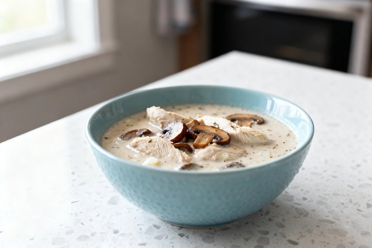  shot (about 40–45 degrees) of the same finished creamy keto chicken mushroom soup plated in the sam