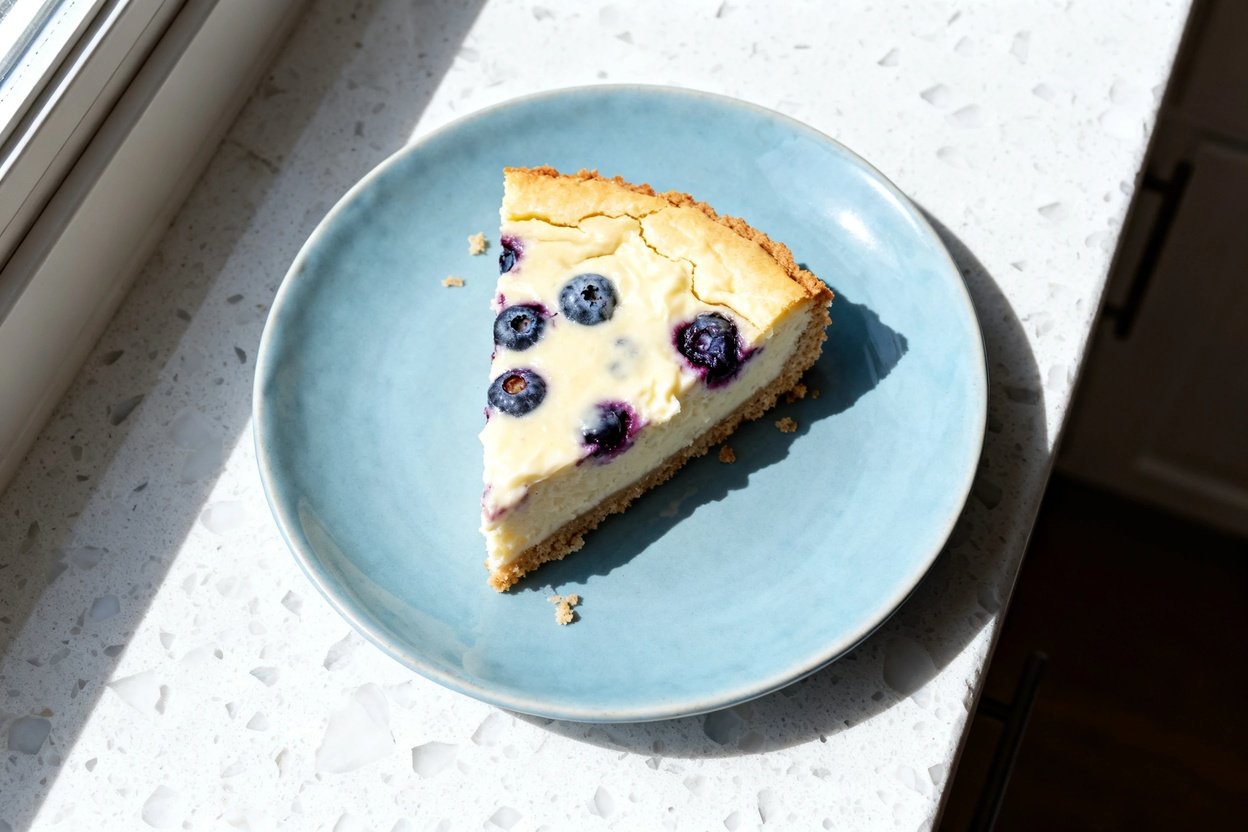 top-down food photograph of a single serving slice of keto lemon blueberry cheesecake centered on a 