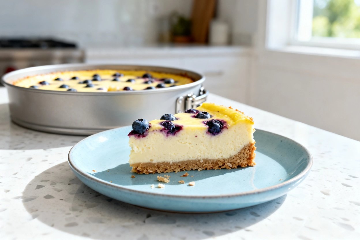 bout 30–40 degrees) realistic food photo of the same keto lemon blueberry cheesecake slice on the sa