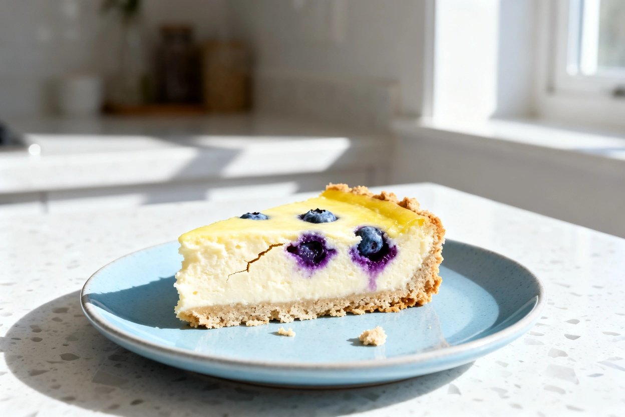  shot (about 30–45 degrees) of the same single slice of keto lemon blueberry cheesecake on the same 