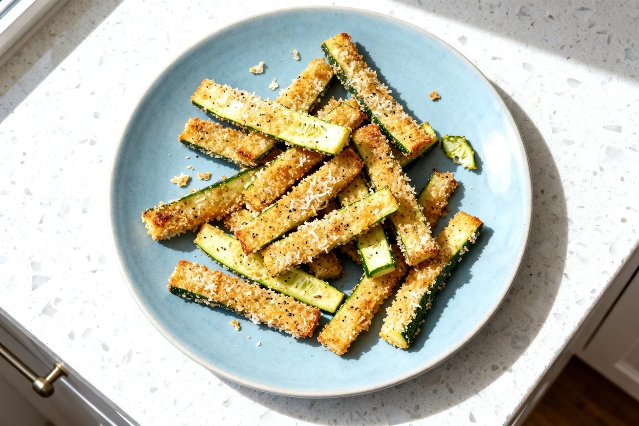 top-down food photo of a single serving of Crispy Baked Keto Zucchini Fries: medium-sized zucchini s