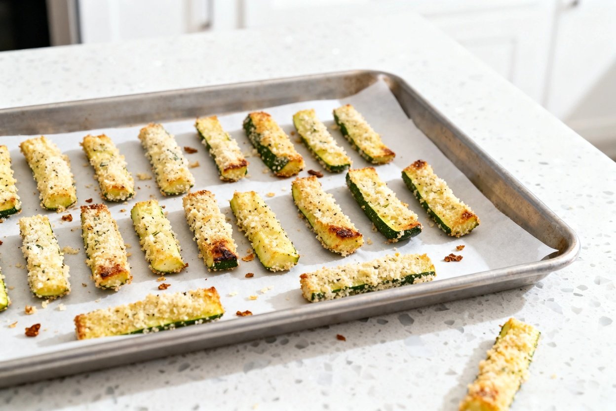 bout 30–40 degrees) realistic food photo of the same finished Crispy Baked Keto Zucchini Fries in th