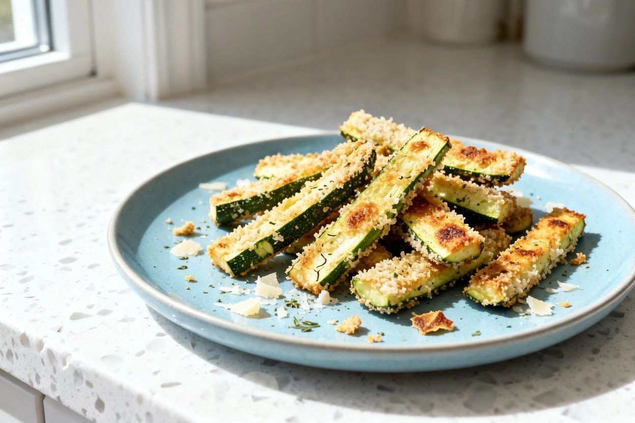  shot (about 30–45 degrees) of the same single serving of Crispy Baked Keto Zucchini Fries plated on