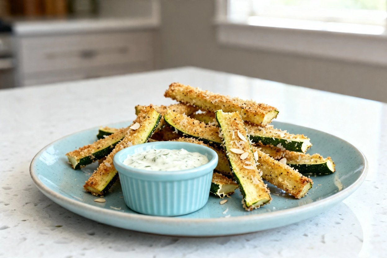 –40° perspective of the exact same finished Garlic Parmesan Keto Zucchini Fries with the same form a