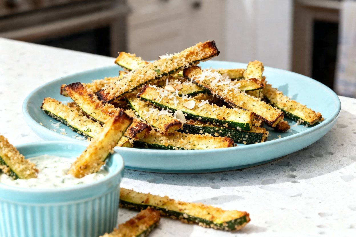 shot at ~30–45° of the same plated Garlic Parmesan Keto Zucchini Fries on the identical light blue