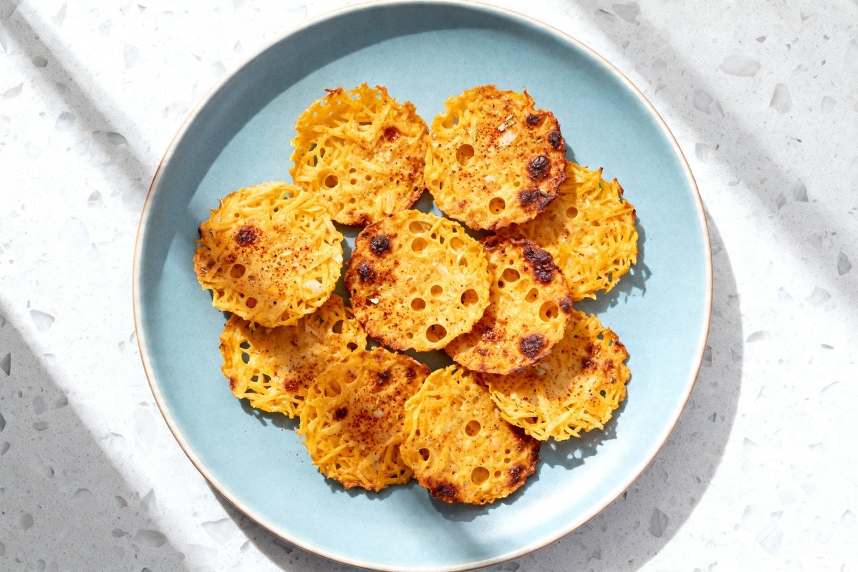 top-down food photo of a single serving of crispy keto cheese crisps: 10–12 small, round, lacy-edge
