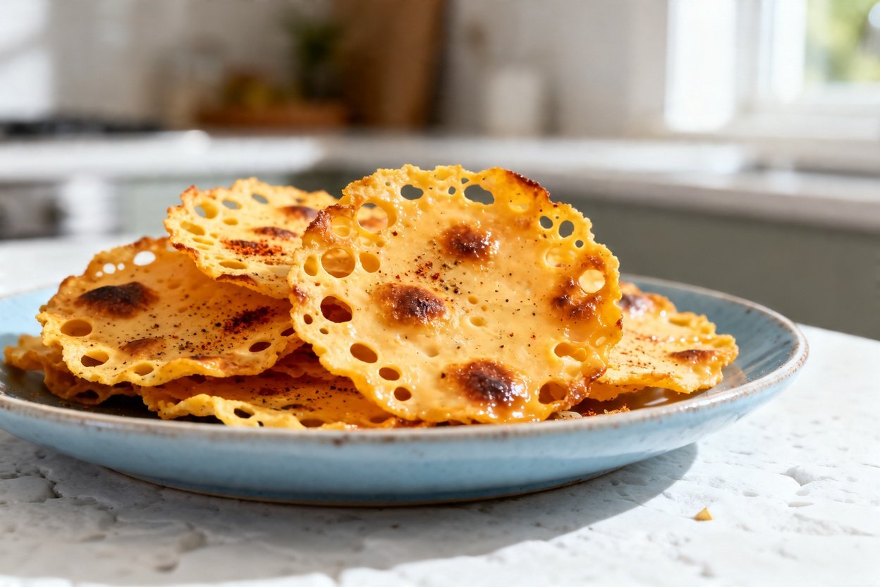 shot (about 40–45 degrees) of the same plated serving of crispy keto cheese crisps on the same ligh