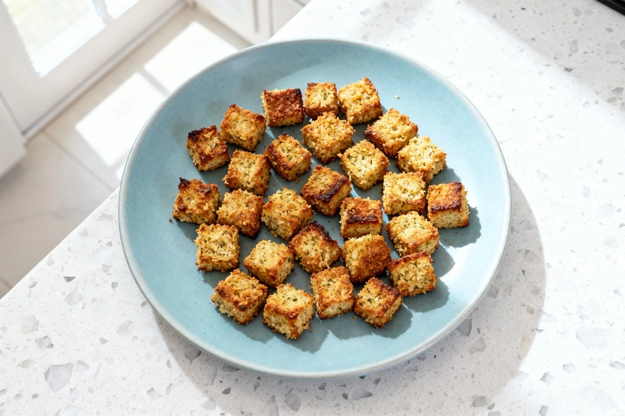 top-down food photo of Crunchy Keto Garlic Parmesan Bites: a single serving of small, evenly sized b