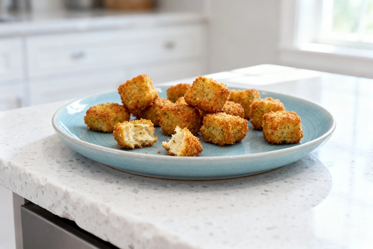 –40 degree view of the exact same finished Crunchy Keto Garlic Parmesan Bites (same bite-sized nugge