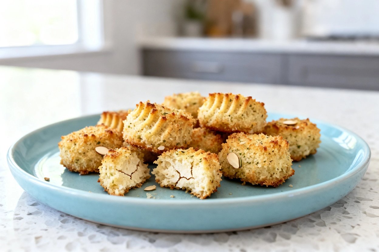  shot at roughly 35–45 degrees of the same Crunchy Keto Garlic Parmesan Bites on the same light blue