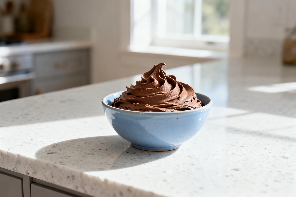 bout 35 degrees) realistic food photo of the exact same finished no-bake keto chocolate mousse, iden