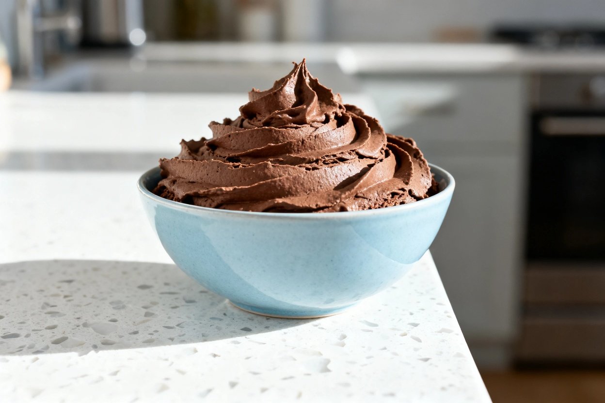 shot (about 40 degrees) of the same finished no-bake keto chocolate mousse plated exactly the same